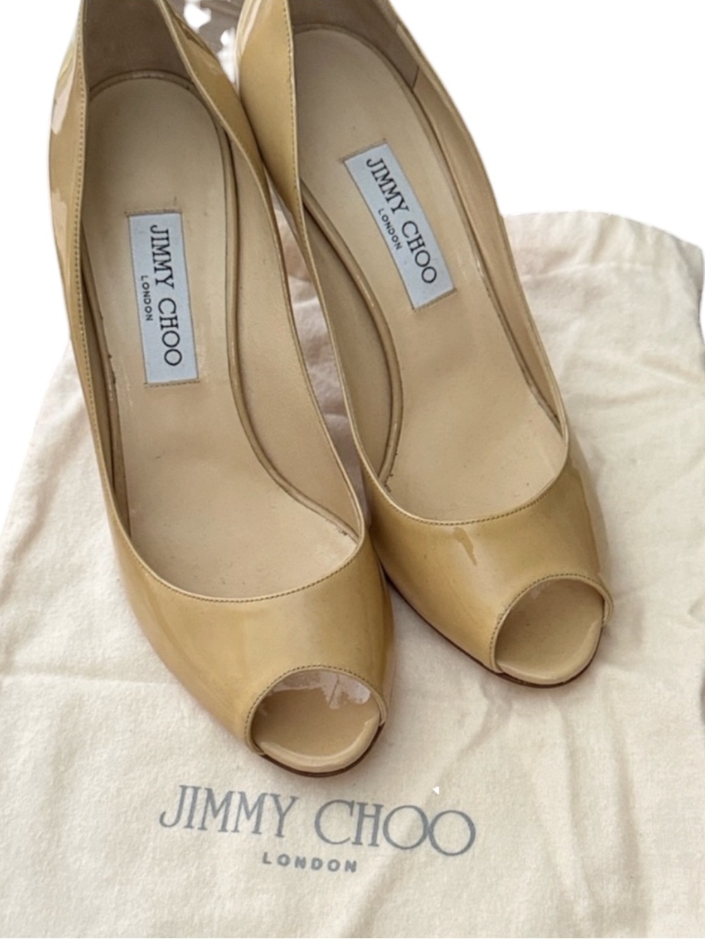 Jimmy Choo Patent Leather Peep Toe Nude 3 3/4” heels
